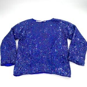 Vintage Albert Paul Womens Blue Iridescent Silk‎ Sequined Top Size M Long Sleeve